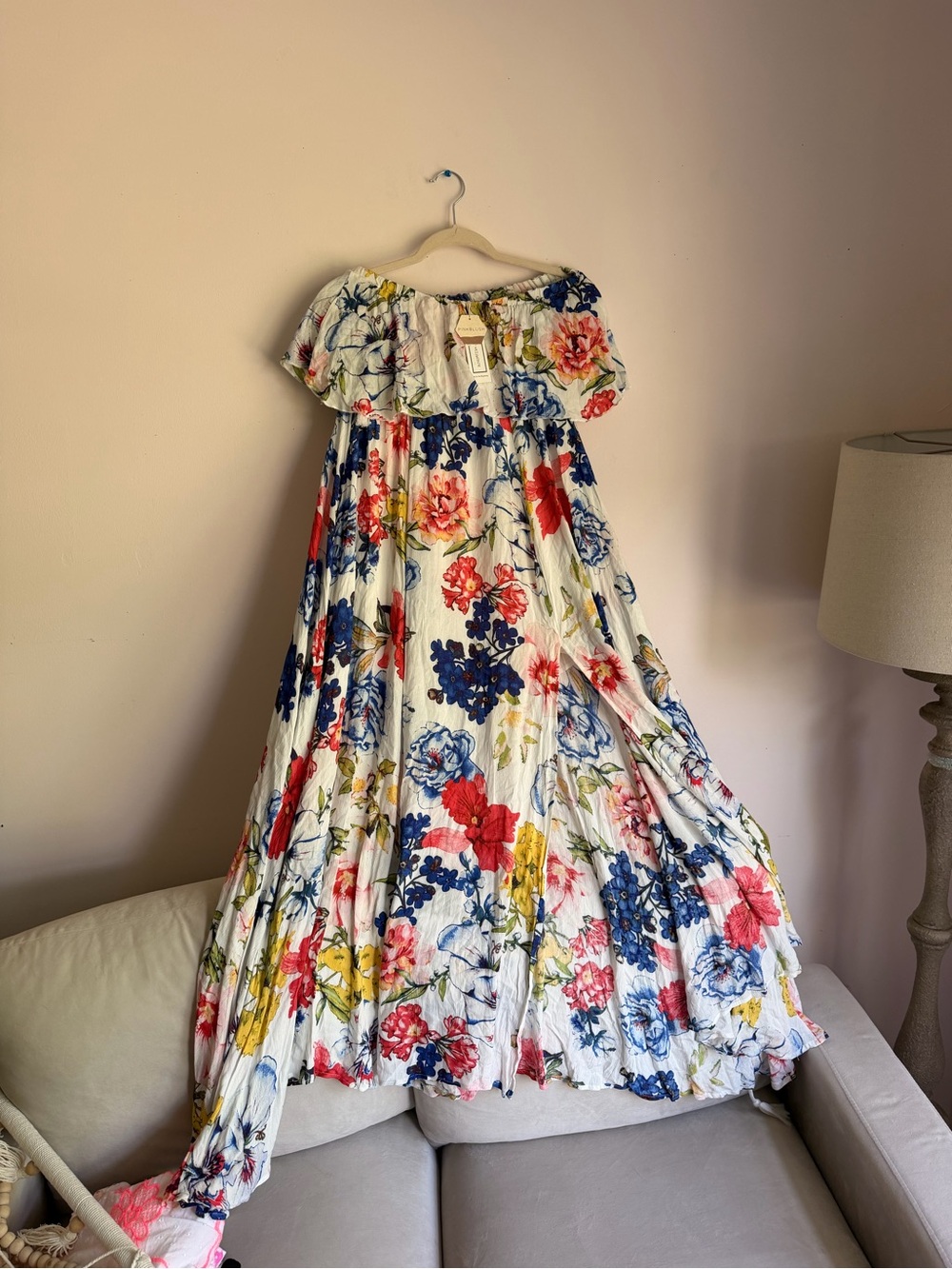 Pinkblush White Floral Strapless Maxi Dress with Multicolor Blooms
